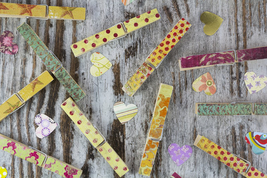 Handmade clothespins and hearts
