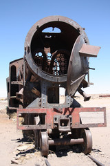 Fototapeta na wymiar Rusty old train at Train Cemetery in Uyuni, Bolivia