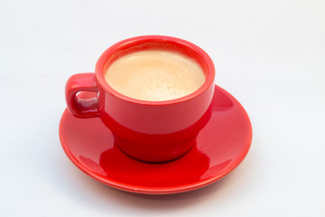 Red Coffee cup and saucer with coffee