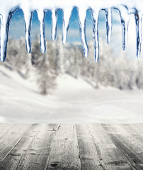 Winter scenery with wooden planks