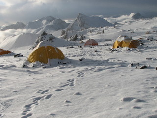 Tents under snow in the camp, Andes