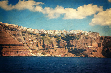 Fototapeta na wymiar Vintage panorama of Santorini island, Greece