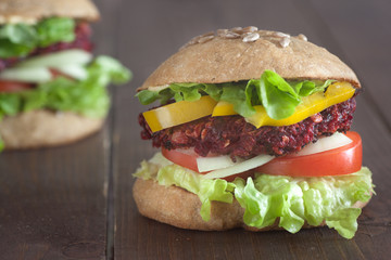 grilled beet burger in whole grain bun