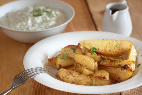 greek potatotes, tzatziki and lemon vinaigrette