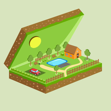 Vector piece of land and sky with objects
