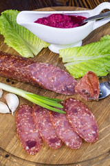 meat dish with several kinds of sausages