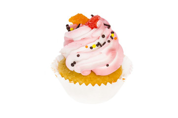 piece of cream cake decorated with chocolate