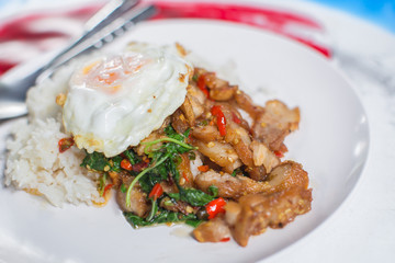 Rice topped with stir-fried pork and basil with fried egg