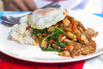 Rice topped with stir-fried pork and basil with fried egg