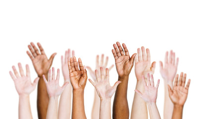 Group Of Arms Outstretched In A White Background