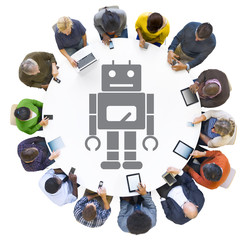 Multiethnic People Using Digital Devices with Robot
