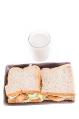 A meal of a sandwich and cold milk