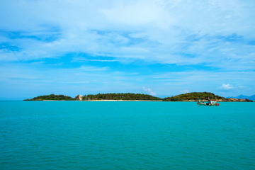 Naklejka premium The sea the island with palm trees, the fishing vessel