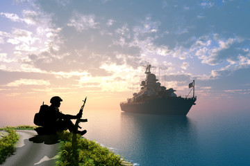 Silhouette of a soldier and ship.