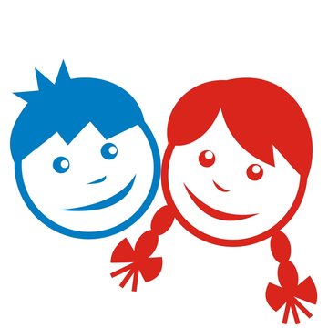 children, little boy and girl, blue and red faces, smiling vector illustration