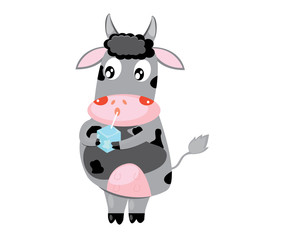 Vector illustration of happy cartoon cow with milk.
