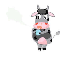 Vector illustration of happy cartoon cow with milk.