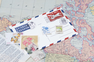エアメール　切手　スタンプ　世界地図 - obrazy, fototapety, plakaty