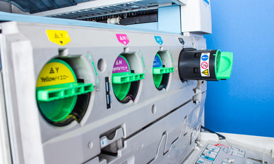 modern printing, concept, closeup of the toner cartridges