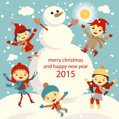 set of characters funny kids  winter snow vector 2015