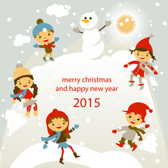 set of characters funny kids  winter snow vector 2015