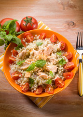 barley risotto with fresh salmon and tomatoes
