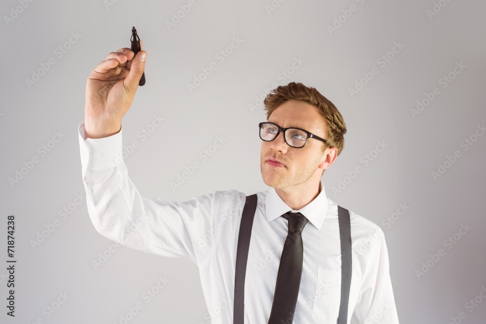 Poster geeky businessman writing with marker