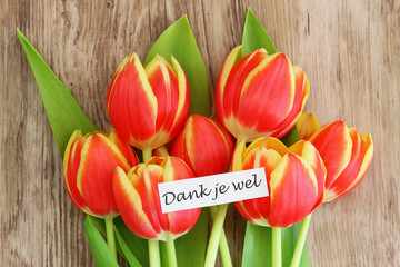 Dank je wel card, (thank you in Dutch), with red tulips