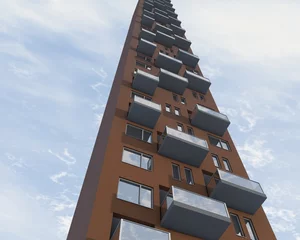 Fotobehang Perspectief van hoog flatgebouw © emieldelange