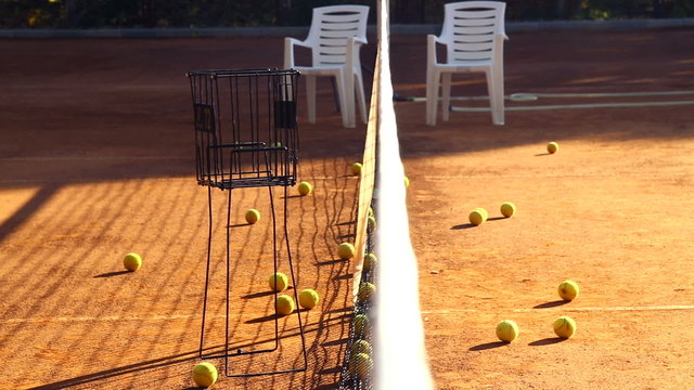 Tennis court before the game.Balls on the tennis court.