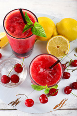 Fresh cold cherry cocktail with mint and lemon