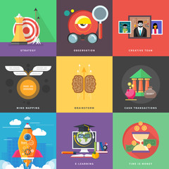 Icons for cash transactions, headwork, strategy, start up