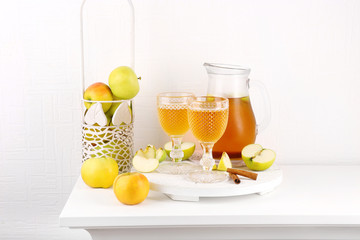 Still life with tasty apple cider and fresh apples