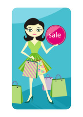 Shopping sale girl showing shopping bag with lable