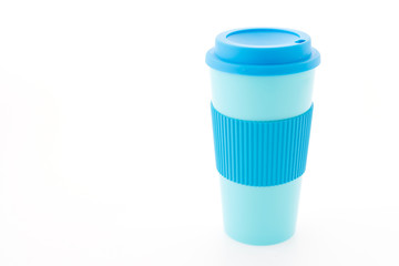 Blue plastic coffee mug isolated on white background