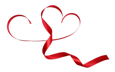 Heart shaped shiny red satin ribbon isolated on white