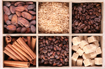 Wooden box with set of coffee and cocoa beans, sugar cubes,