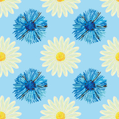 Fototapeta na wymiar Abstract floral background with daisies and cornflowers