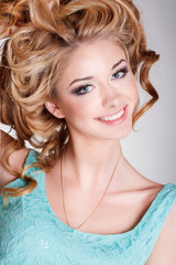 Beauty woman portrait, fashion girl long blond hair makeup