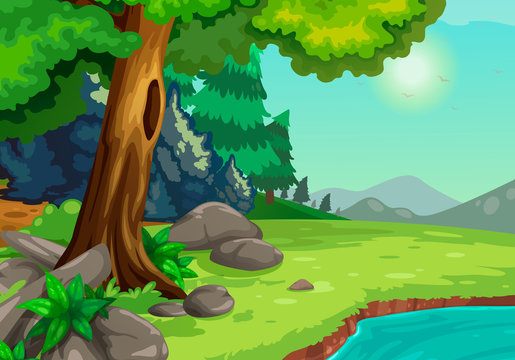 illustration of forest with a river background vector