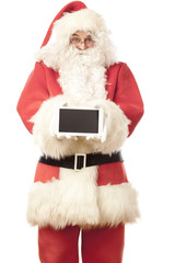 Weihnachtsmann zeigt mobiles Telefon in die Kamera