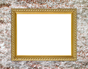 blank golden frame on ancient stone wall texture