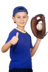 Young boy holding ball and mitt isolated on white background