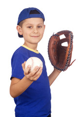 Young boy holding ball and mitt isolated on white background