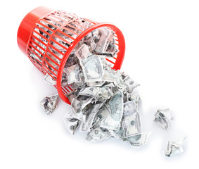 Money in dustbin isolated on white