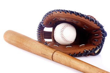 Baseball, mitt and bat isolated on white background