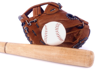 Baseball, mitt and bat isolated on white background