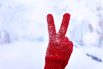 Woman's hand in red glove on winter natural background