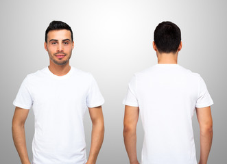 Front and rear portrait of a man wearing a white t-shirt