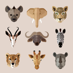 Naklejka premium Animal portrait flat icon set